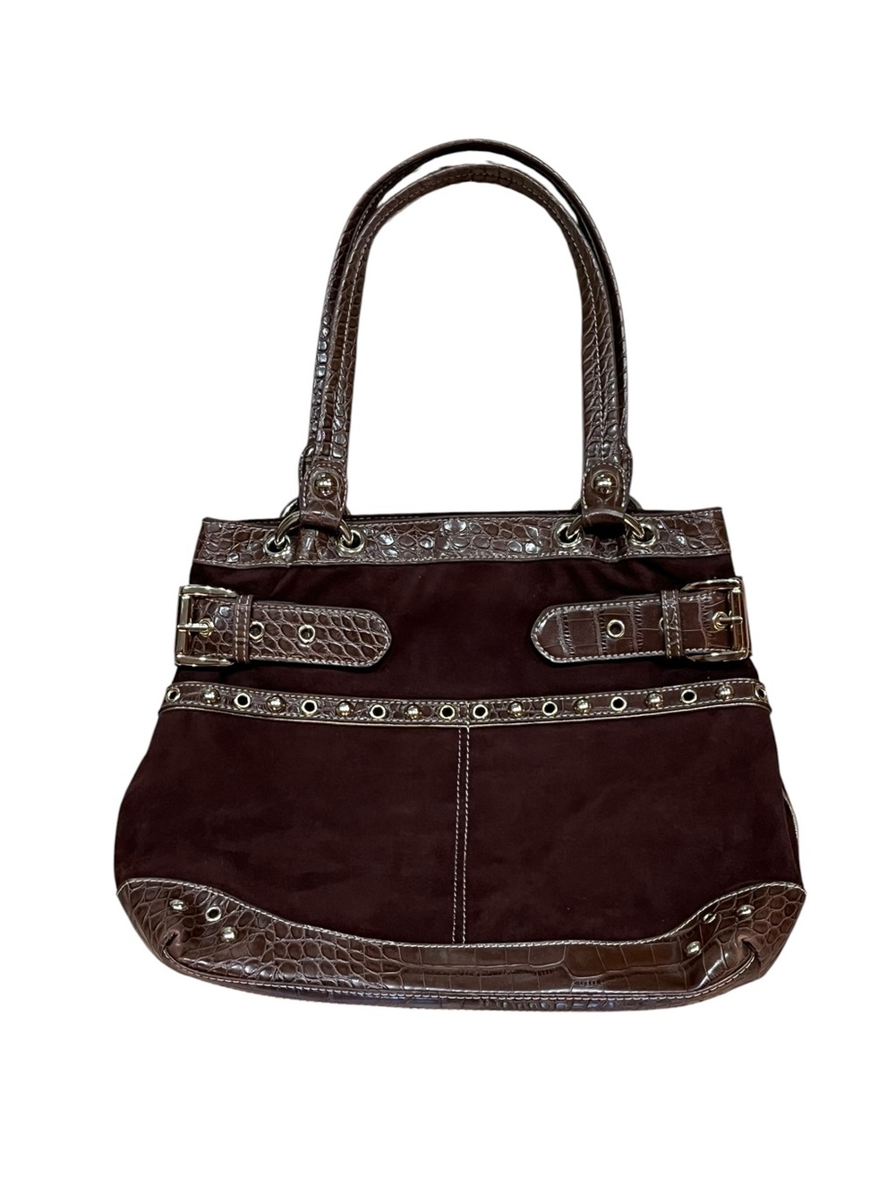 Vintage Genna De Rossi Y2K Brown Suede Croc Embossed Studded Shoulder Bag Buckle